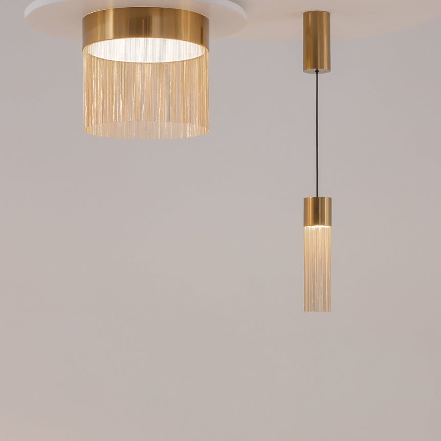 Suspension moderne LED – cylindre & franges dorées AMOS