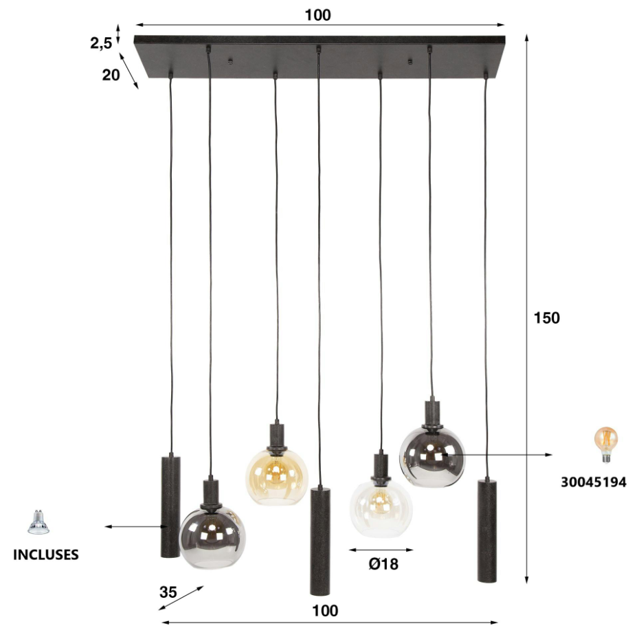 Suspension cuisine vintage - 4 globes verre, 3 cylindres NOVA