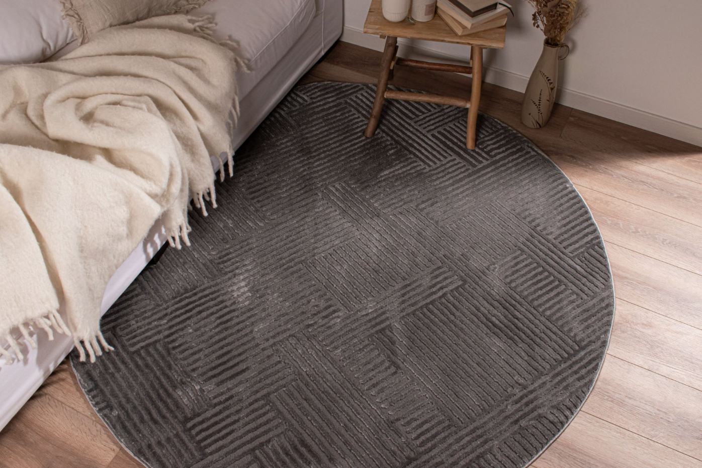 Tapis de salon rond à motif lignes BIANCA