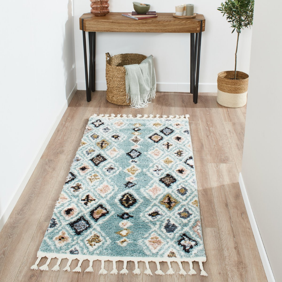 Tapis de salon symétrique imitation laine à franges DELYA