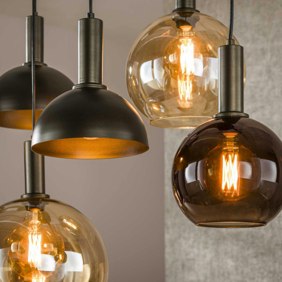 Suspension industrielle abat-jour verre et métal 7 lampes NOVA