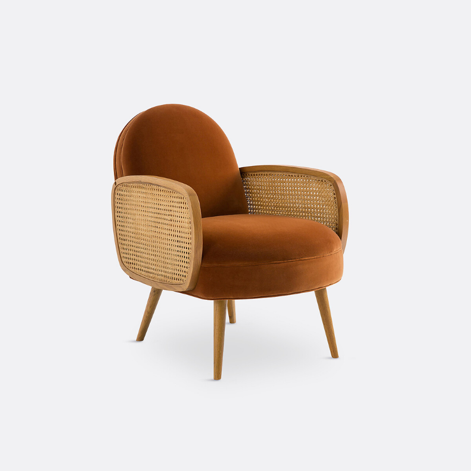 Fauteuil velours et cannage, Buisseau