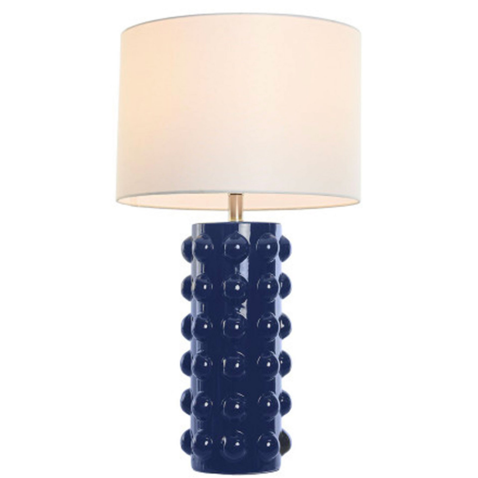 Lampe à poser grès bleu et abat-jour lin blanc 40x40x74cm