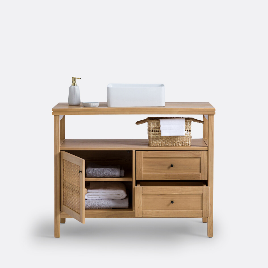Meuble sous vasque pin et cannage L100 cm, Gabin