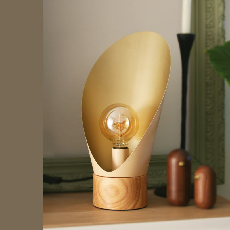 Lampe A Poser Spoon Xl Métal Rose Nude Socle En Bois