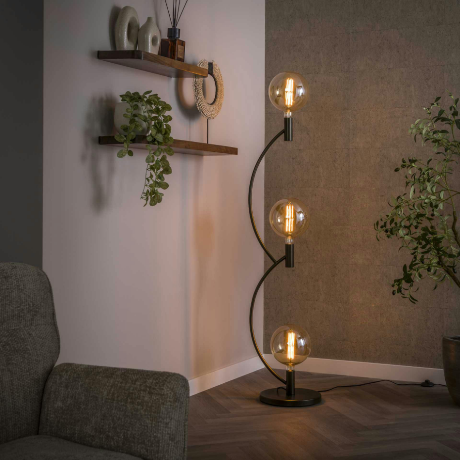Lampadaire salon en métal courbe finition bronze 3 lampes RALF