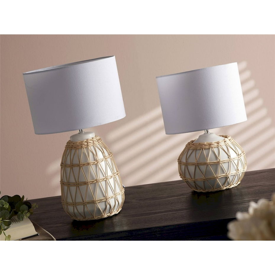 Lampe de table en rotin et céramique ronde