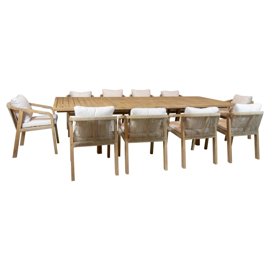 Salon de jardin table extensible 170/230cm avec 10 fauteuils en bois d'acacia, SAONA