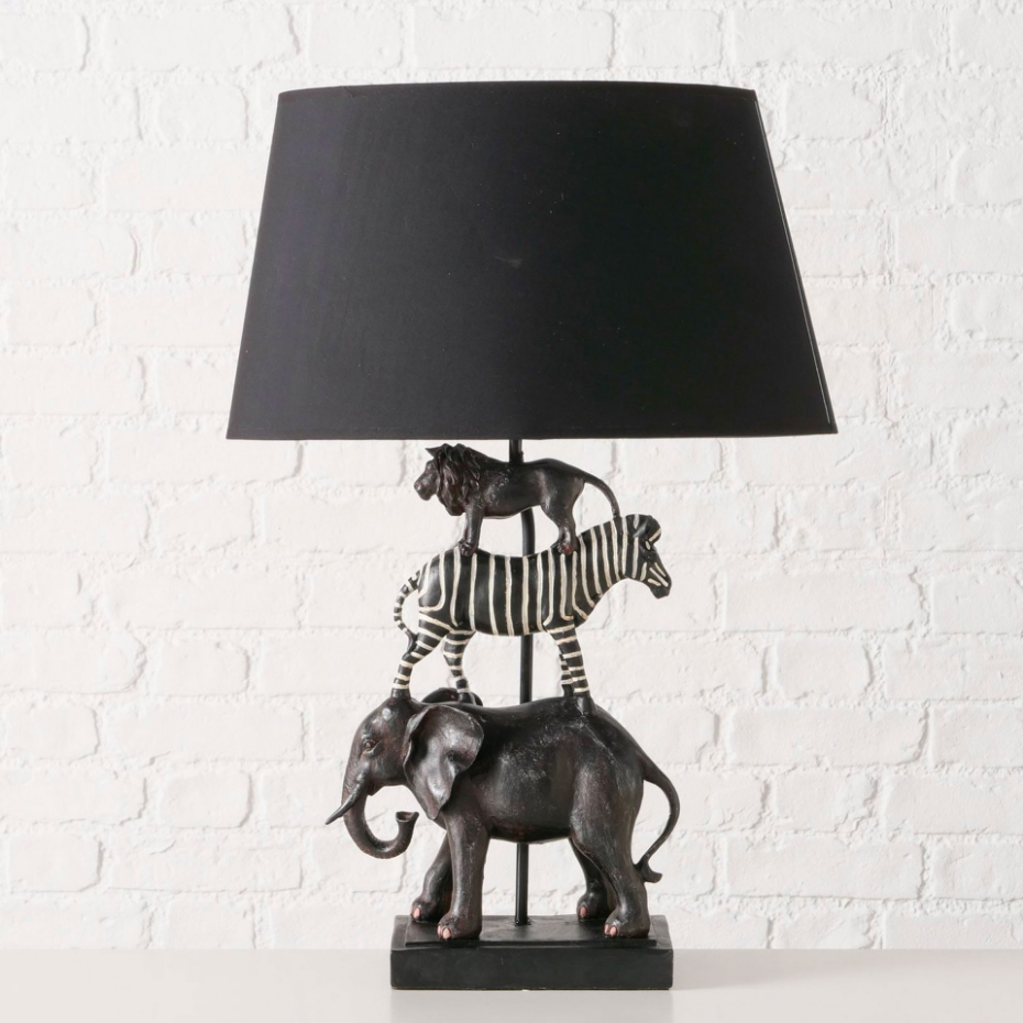 Lampe à poser résine noire animaux sauvages 43.5x26x64.5cm