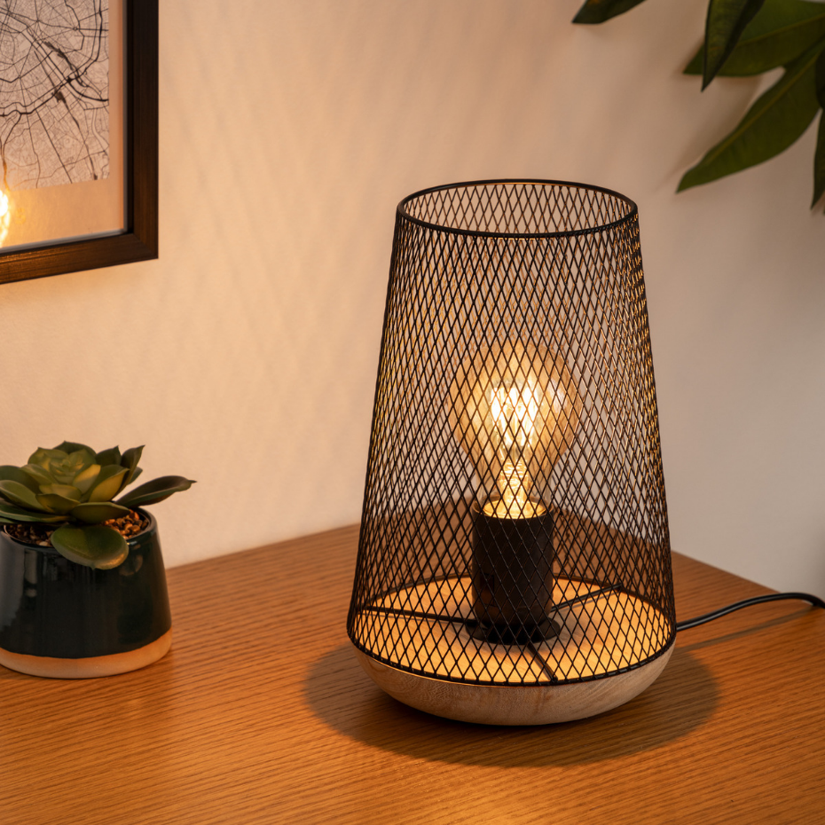 Lampe abat jour maille fer et bois industriel ZELY