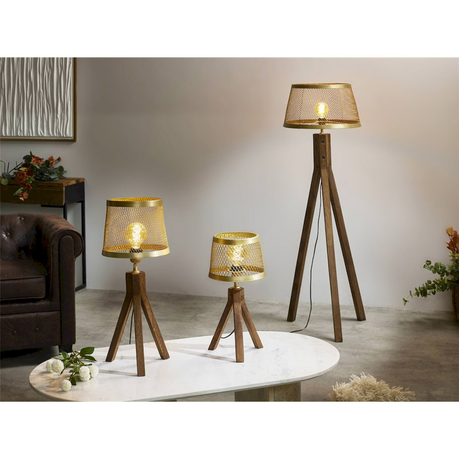 Lampe de table trépied en bois et abat-jour grillagé rond