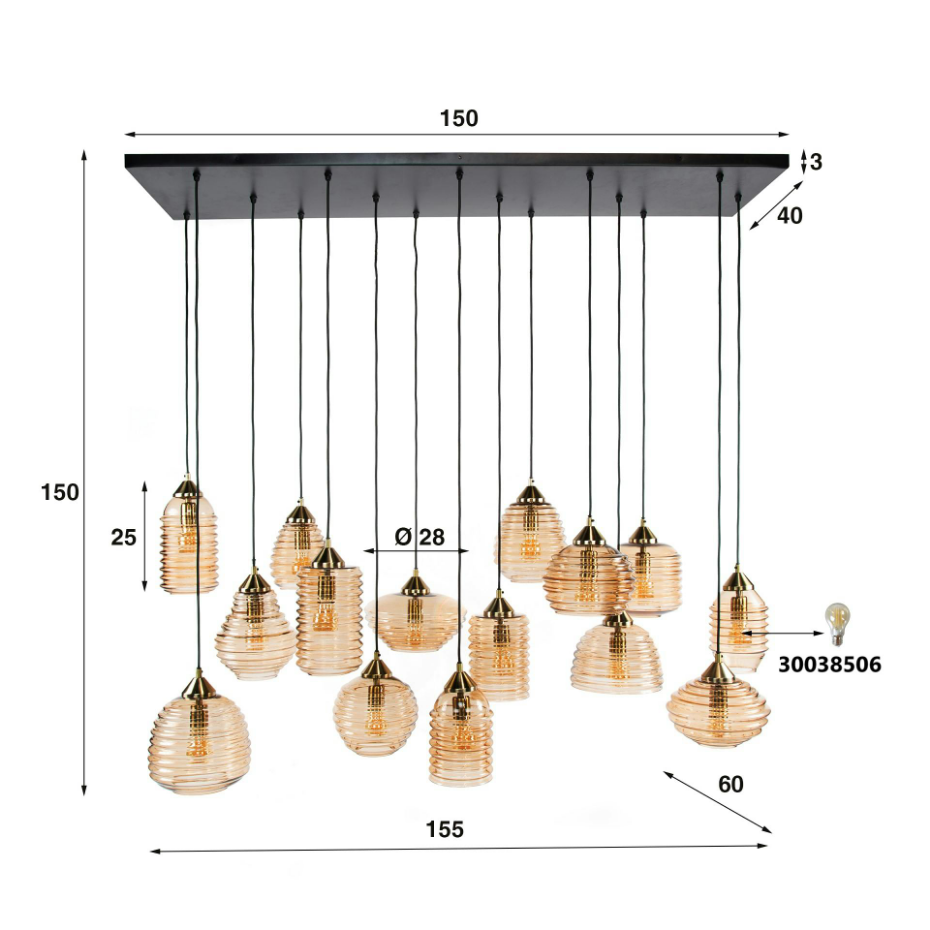 Suspension en verre strié 15 lampes ambrées NOVA
