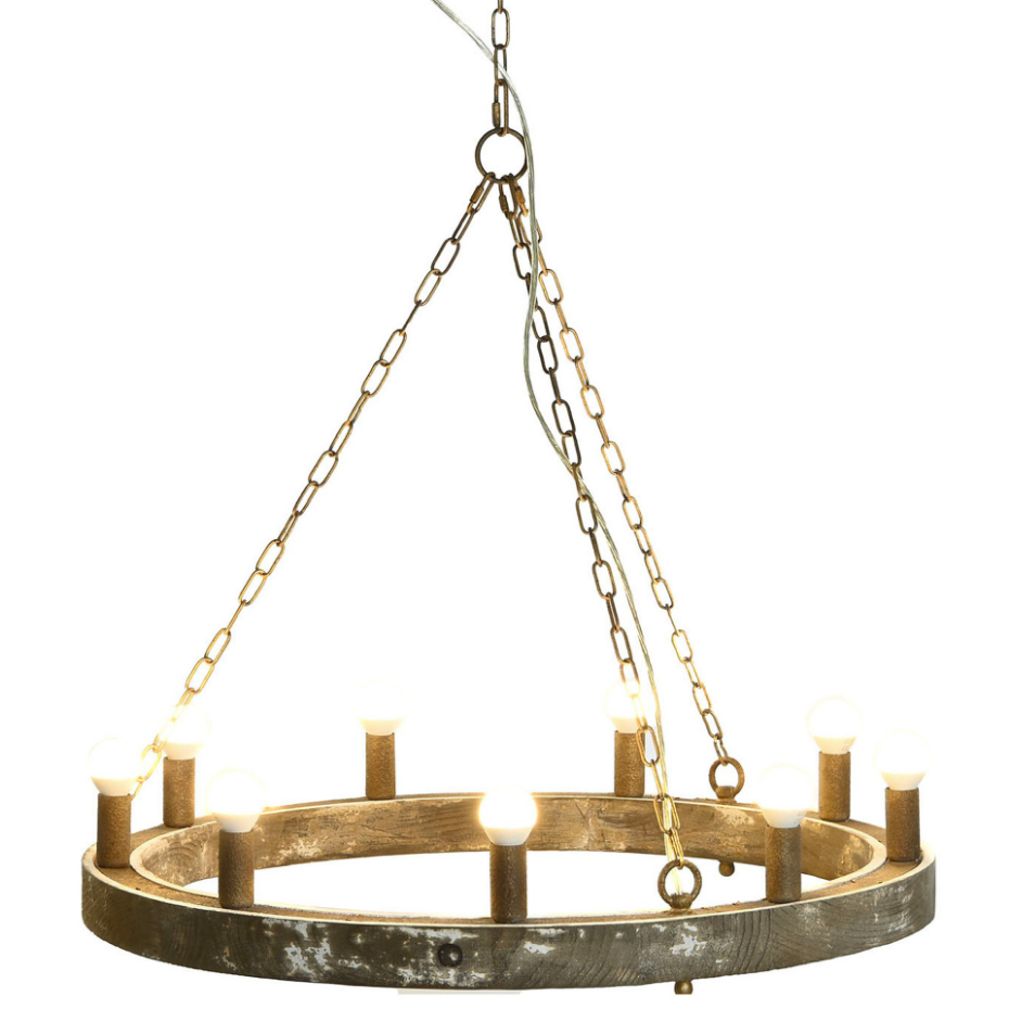 Plafonnier rond en bois  et métal vieilli 9 ampoules 78x78x13cm