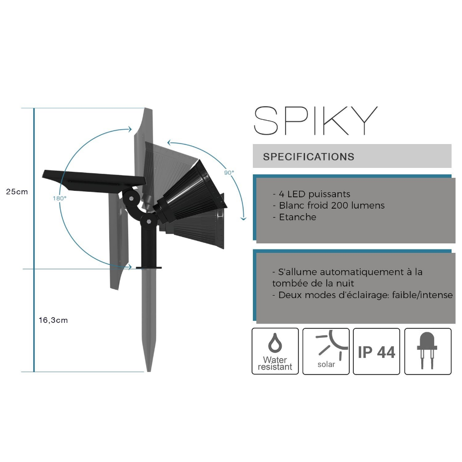 2 Spots solaires projecteurs SPIKY Blanc froid 100LM