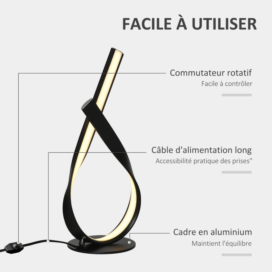 Lampe à poser design contemporain spirale alu. noir LED blanc chaud