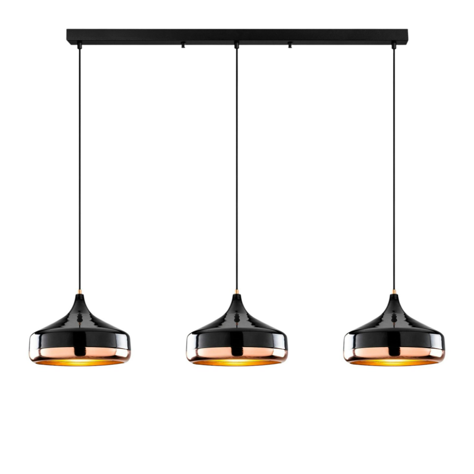 Suspension de table noire & cuivre, 3 abat-jour évasés SILE