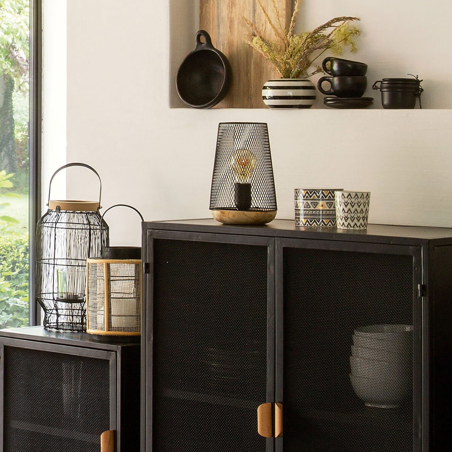 Lampe abat jour maille fer et bois industriel ZELY