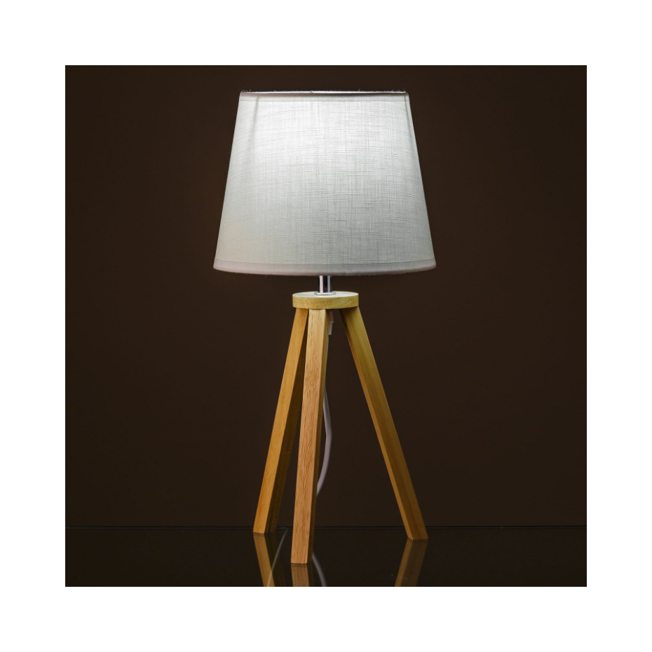 Lampe à Poser Trépied en Bois et Abat-jour Blanc