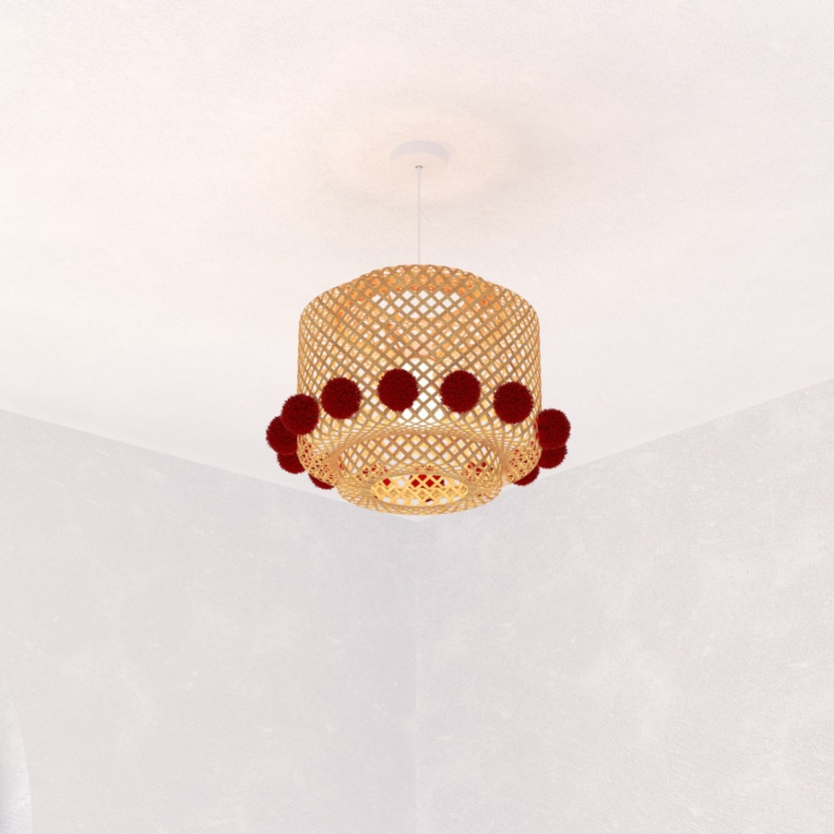 Suspension en bambou diam 28 avec pompons