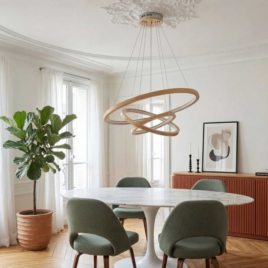Suspension LED dimmable trois anneaux en bois d'Hévéa, CECLON