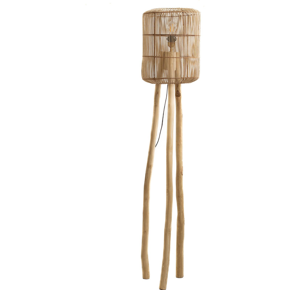 Lampadaire en bois et rotin forme organique