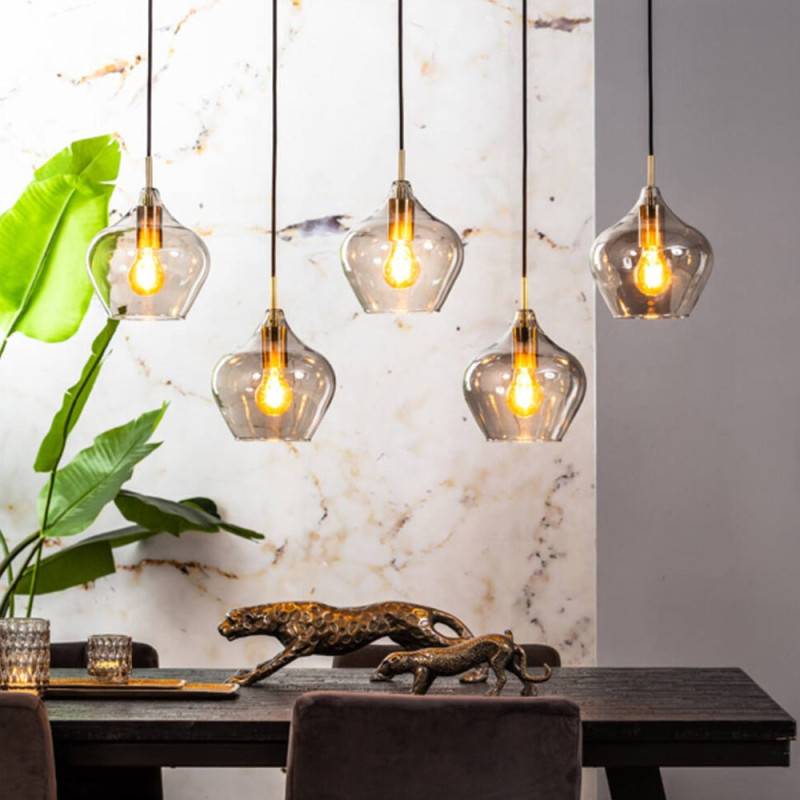 Suspension 5 Lampes Karel Doré Et Verre Fumé
