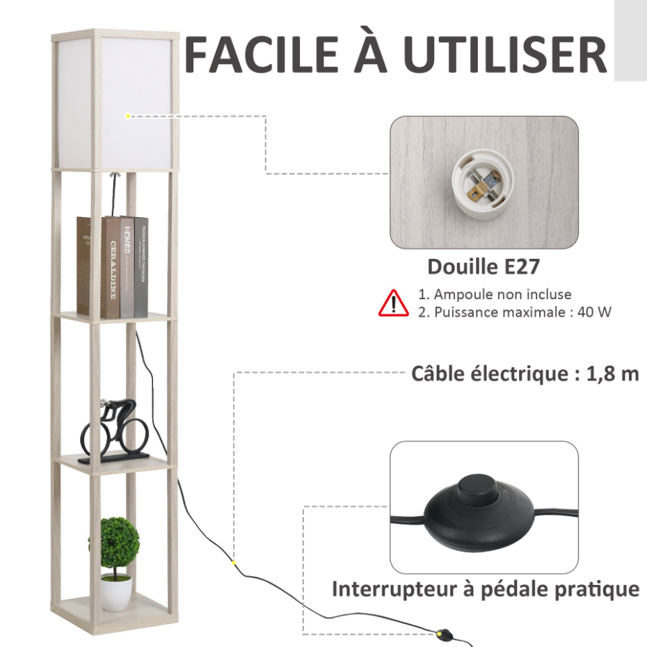 Lampadaire étagères 3 niveaux aspect bois