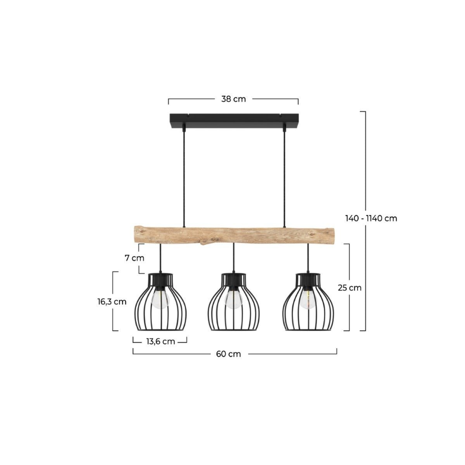 Suspension 3 lampes en bois d'eucalyptus et métal - ABBY