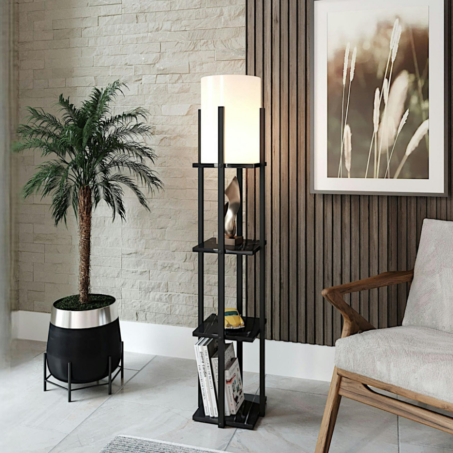 Lampadaire avec étagères en bois KILIS