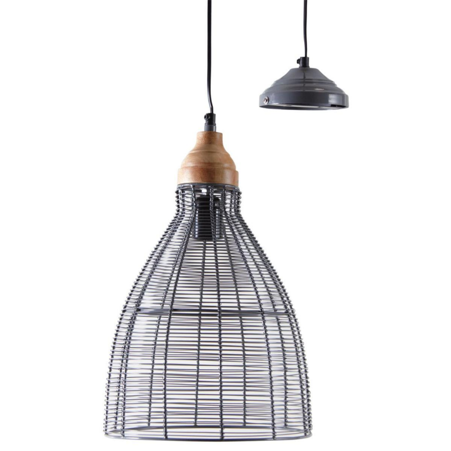 Lampe suspension en métal laqué gris et bois Cloche
