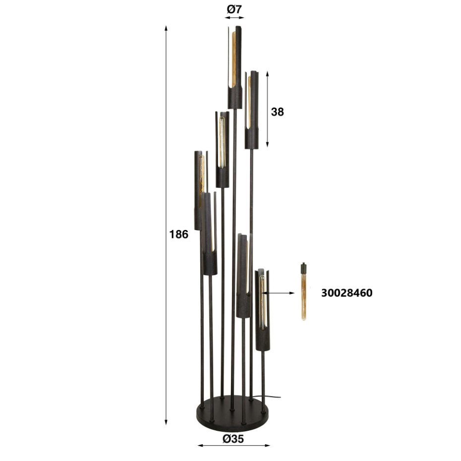 Lampadaire noir avec 7 abat-jour forme tube RALF