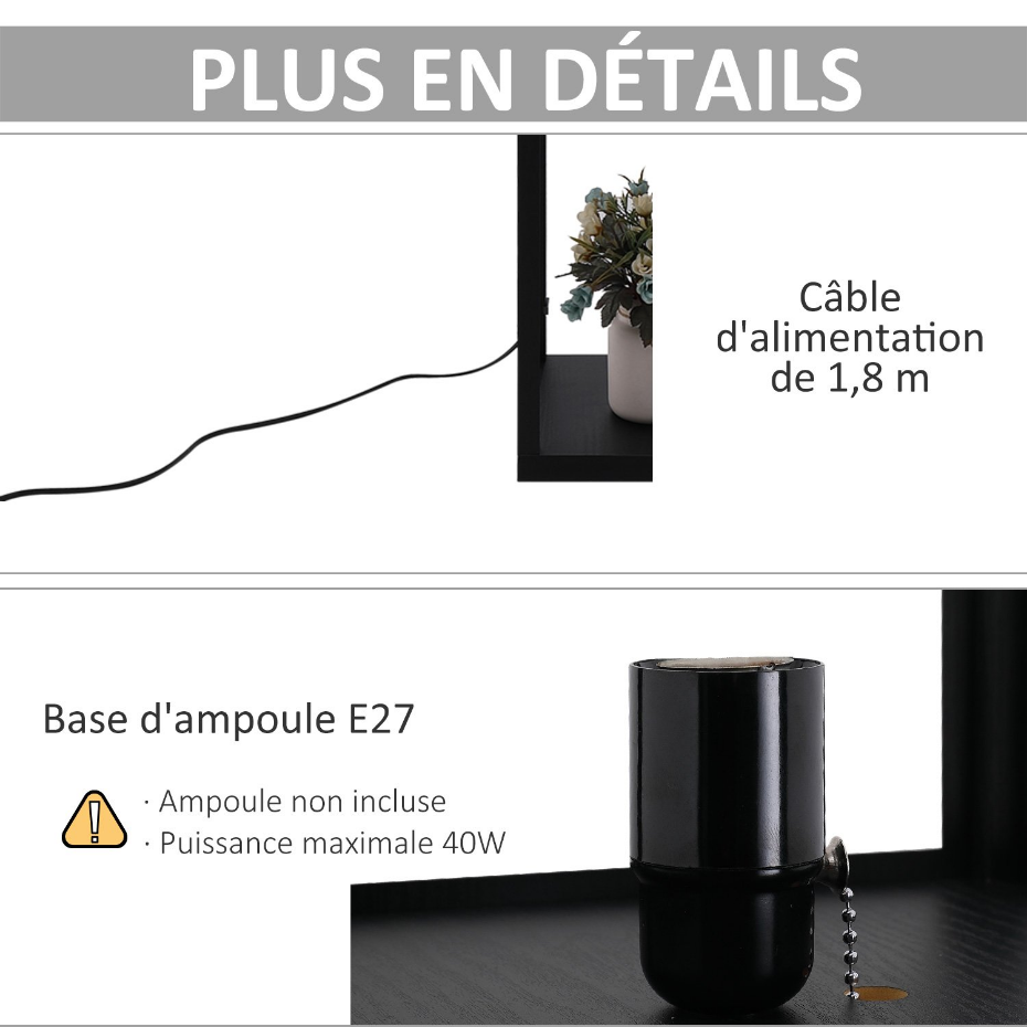 Lampadaire 3 étagères MDF noir abat-jour tissu motif nid d'abeille