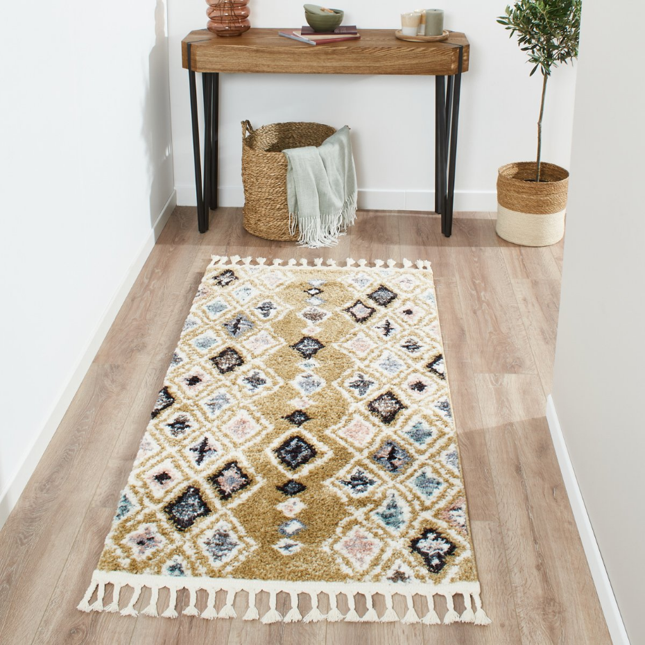 Tapis de salon symétrique imitation laine à franges DELYA