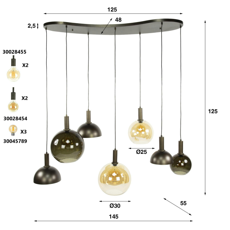 Suspension industrielle abat-jour verre et métal 7 lampes NOVA