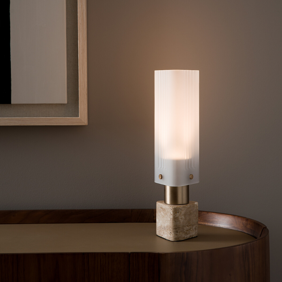 Lampe verre et travertin, Strozzi, design Emmanuel Gallina
