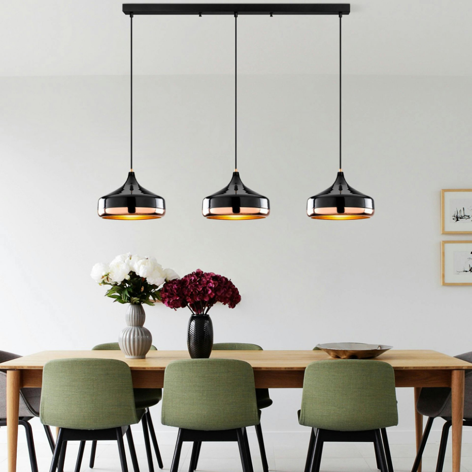 Suspension de table noire & cuivre, 3 abat-jour évasés SILE