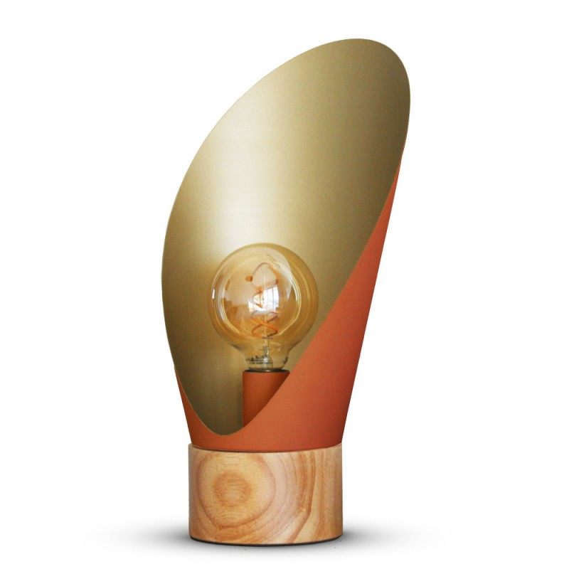 Lampe A Poser Spoon Xl Métal Terracotta Socle En Bois