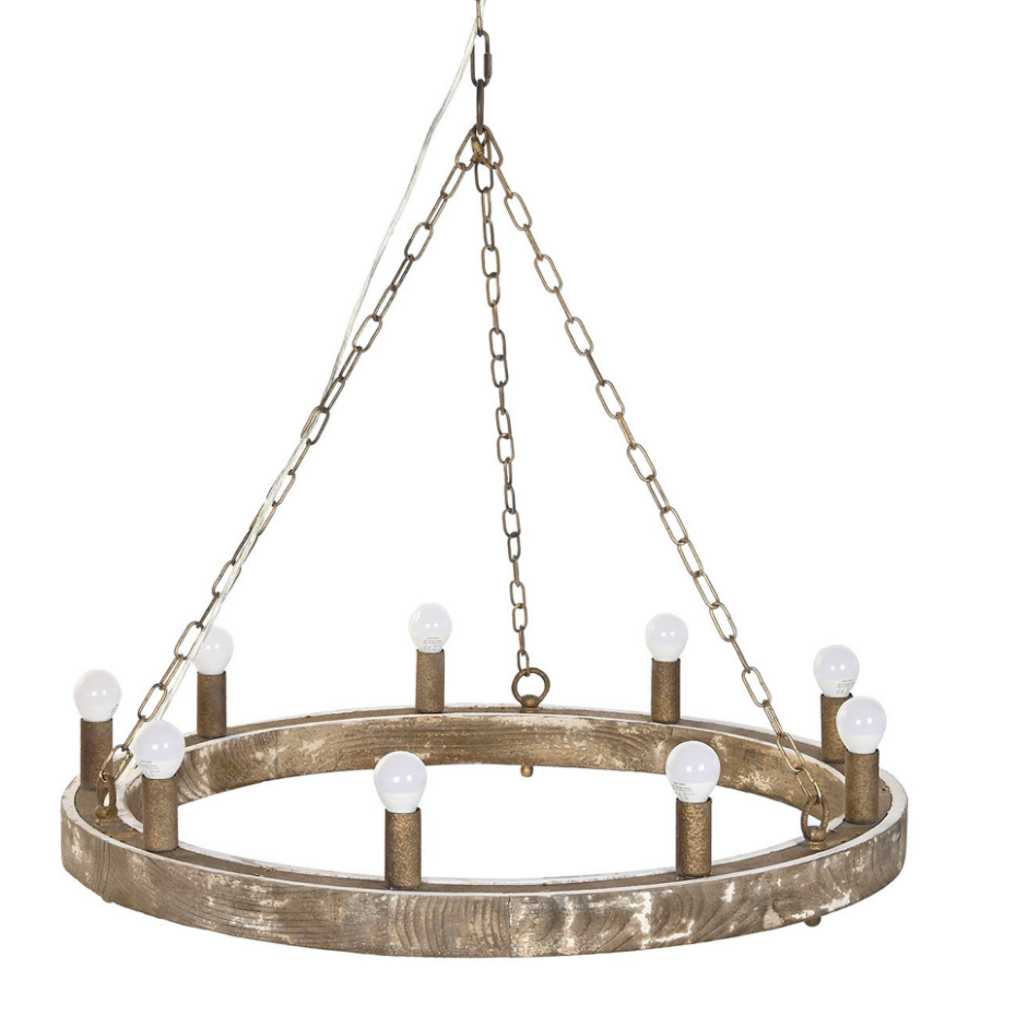 Plafonnier rond en bois  et métal vieilli 9 ampoules 78x78x13cm
