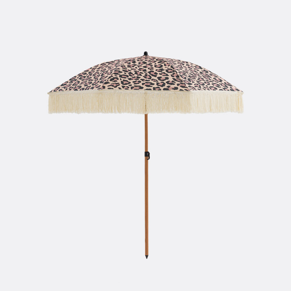 Parasol motif léopard, finition frangée, SAVANA