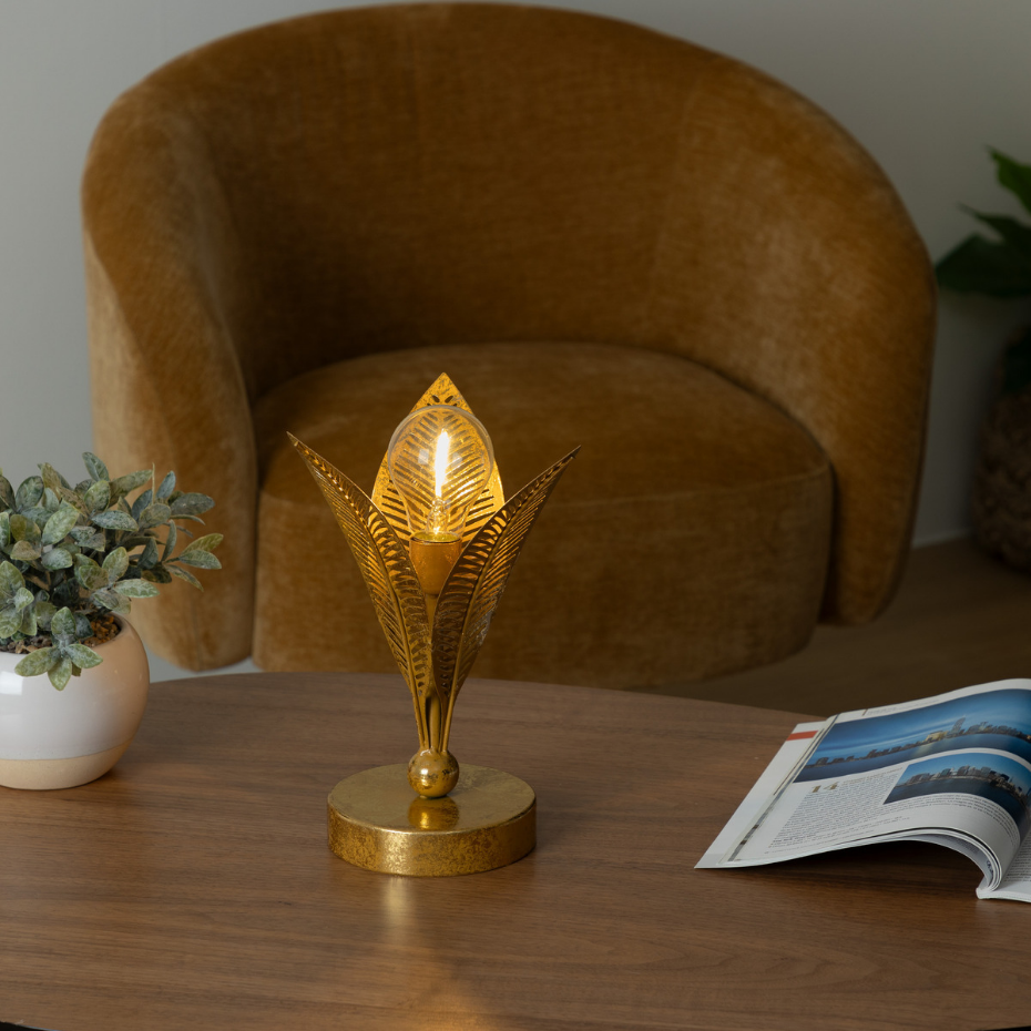 Lampe LED structure métal feuilles dorées FEUILLE
