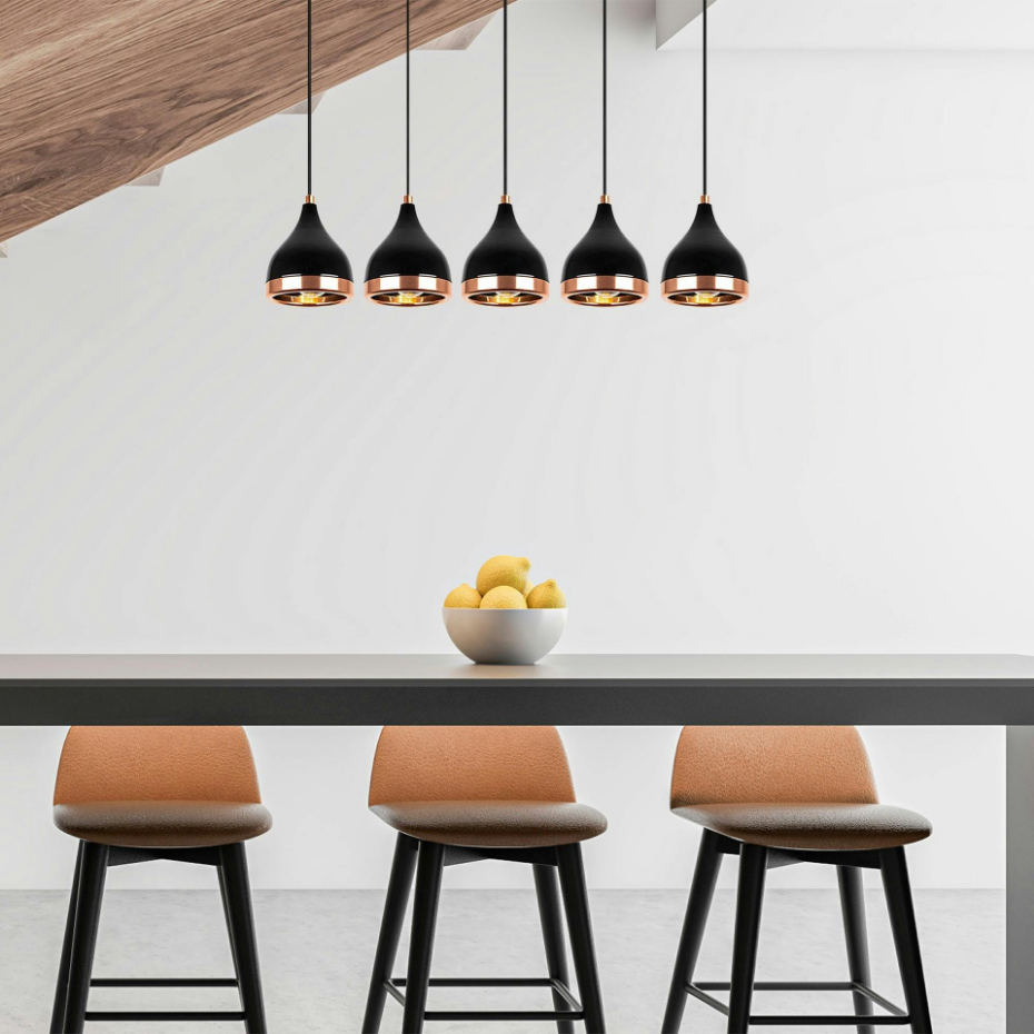 Suspension cuisine noire & cuivre, 5 abat-jour SILE