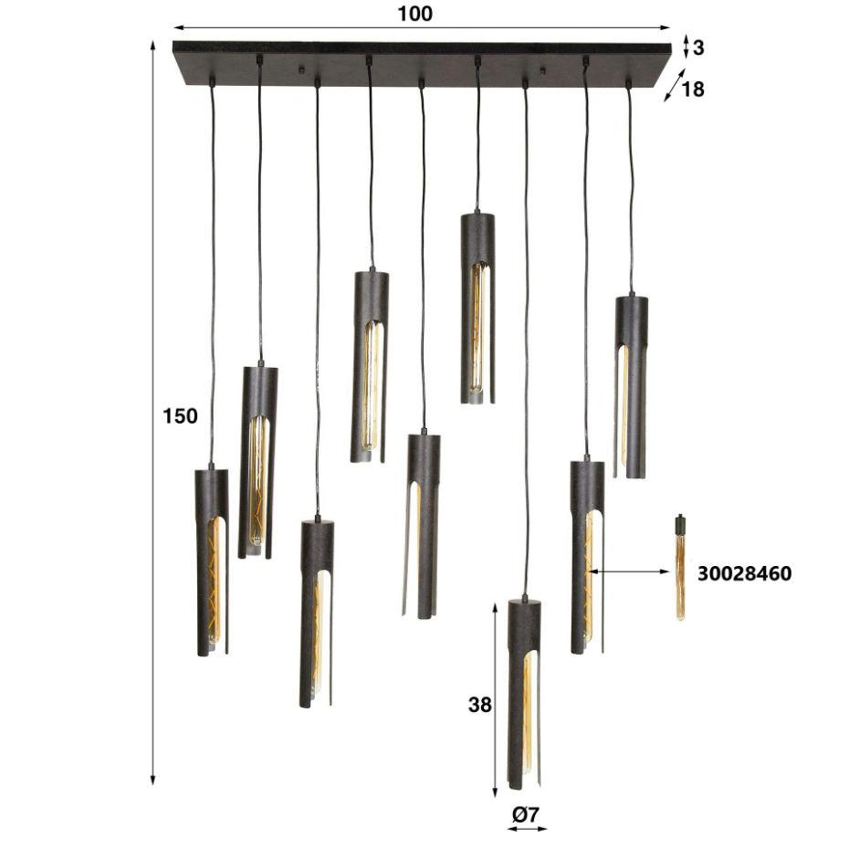 Suspension noire 9 abat-jour forme tube RALF