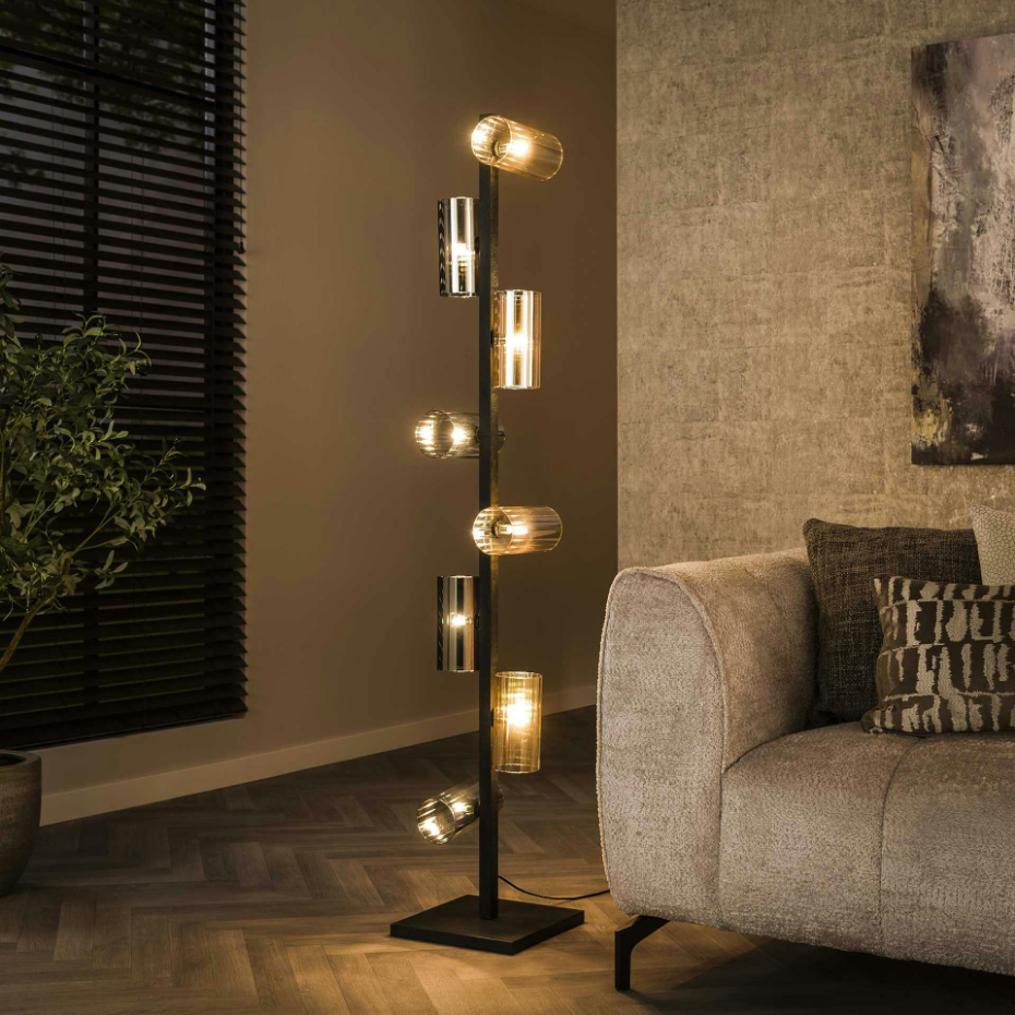 Lampadaire en verre ambré et chromé, 8 abat-jour RALF