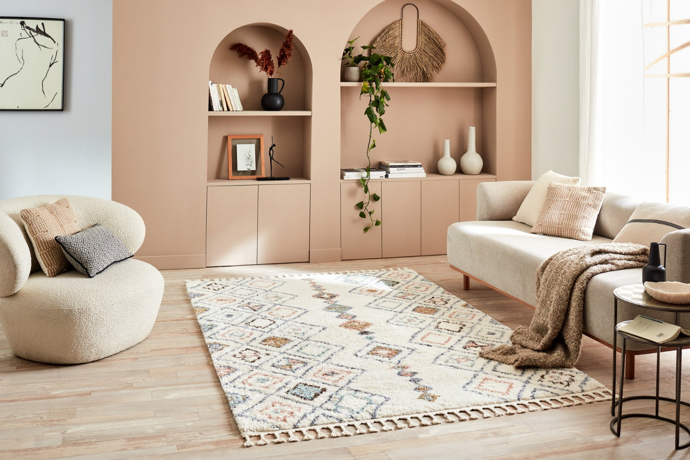 Tapis de salon symétrique imitation laine à franges DELYA