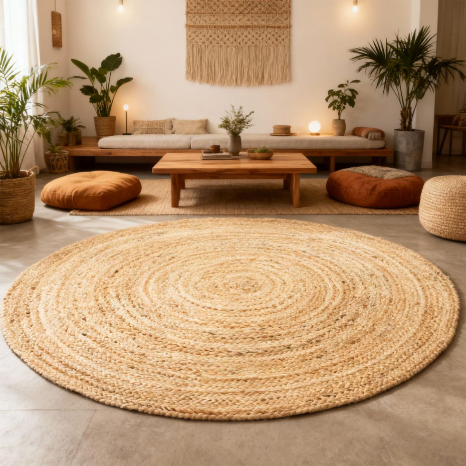 Tapis rond fait à la main en jute motif uni SUNNY