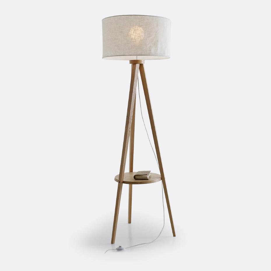 Lampadaire trépied frêne et abat-jour lin, Setto