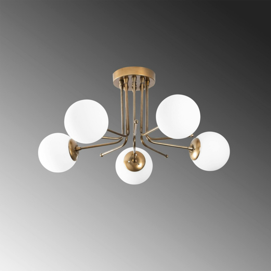 Plafonnier vintage métal doré 5 globes verre dépoli SIERRE