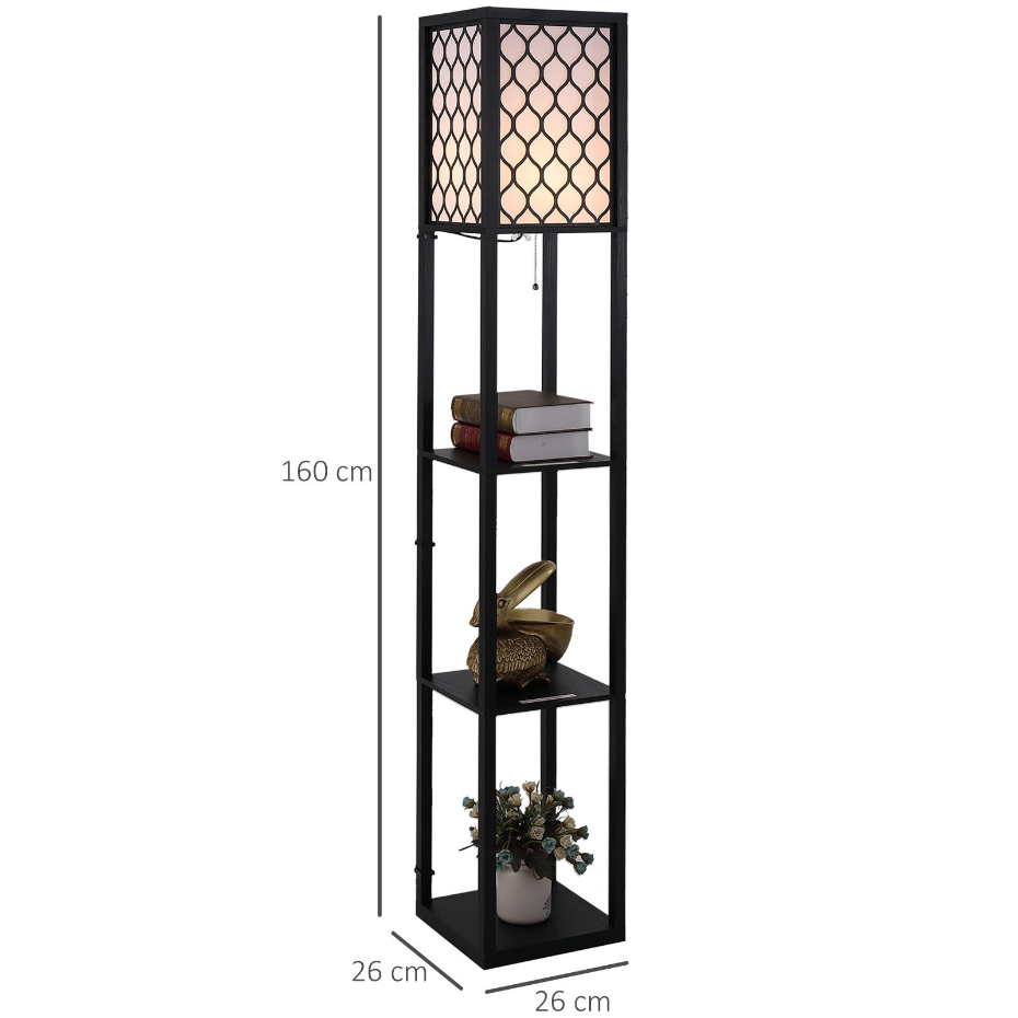 Lampadaire 3 étagères MDF noir abat-jour tissu motif nid d'abeille