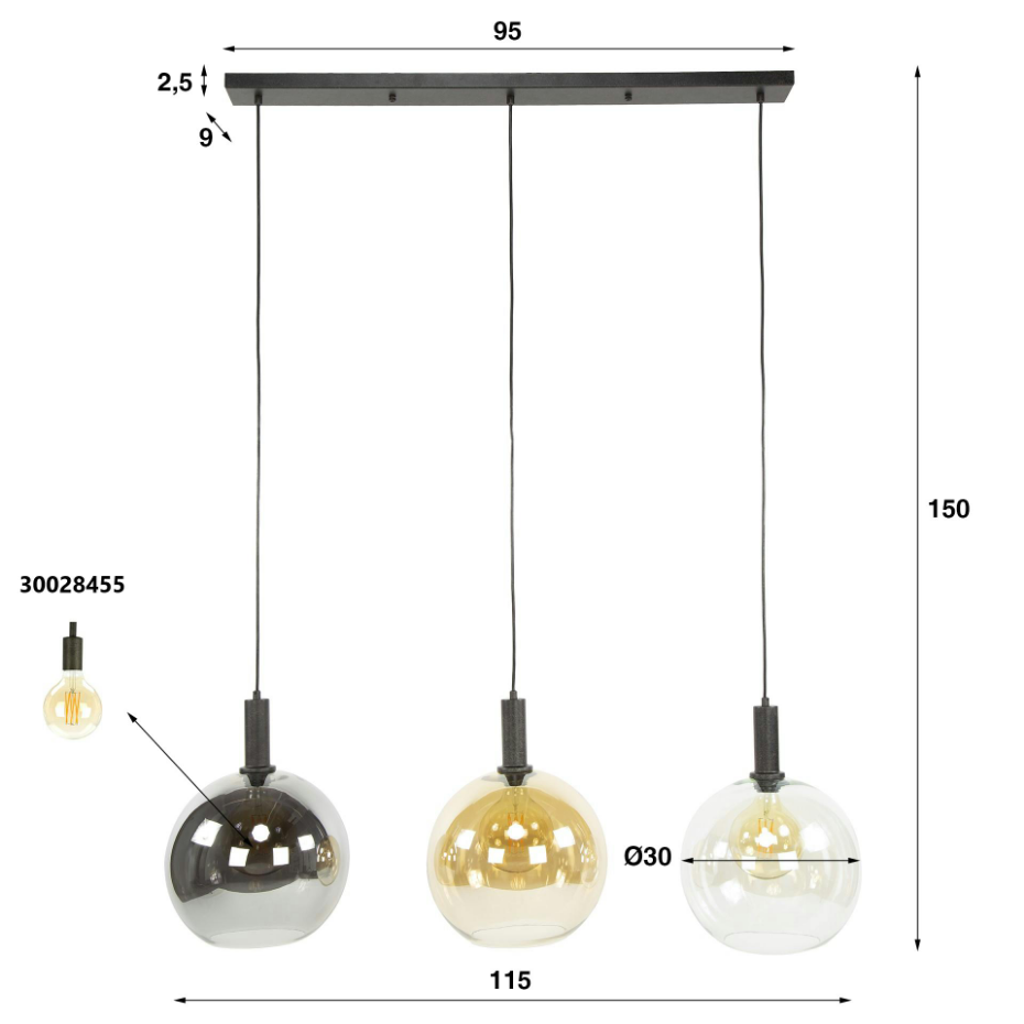 Suspension îlot cuisine 3 globes multicolores NOVA