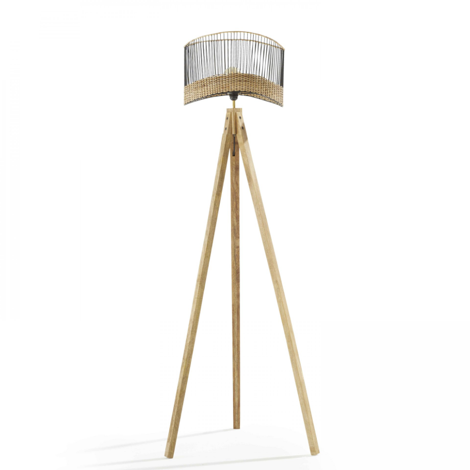 Lampadaire en bois et fibres de rotin